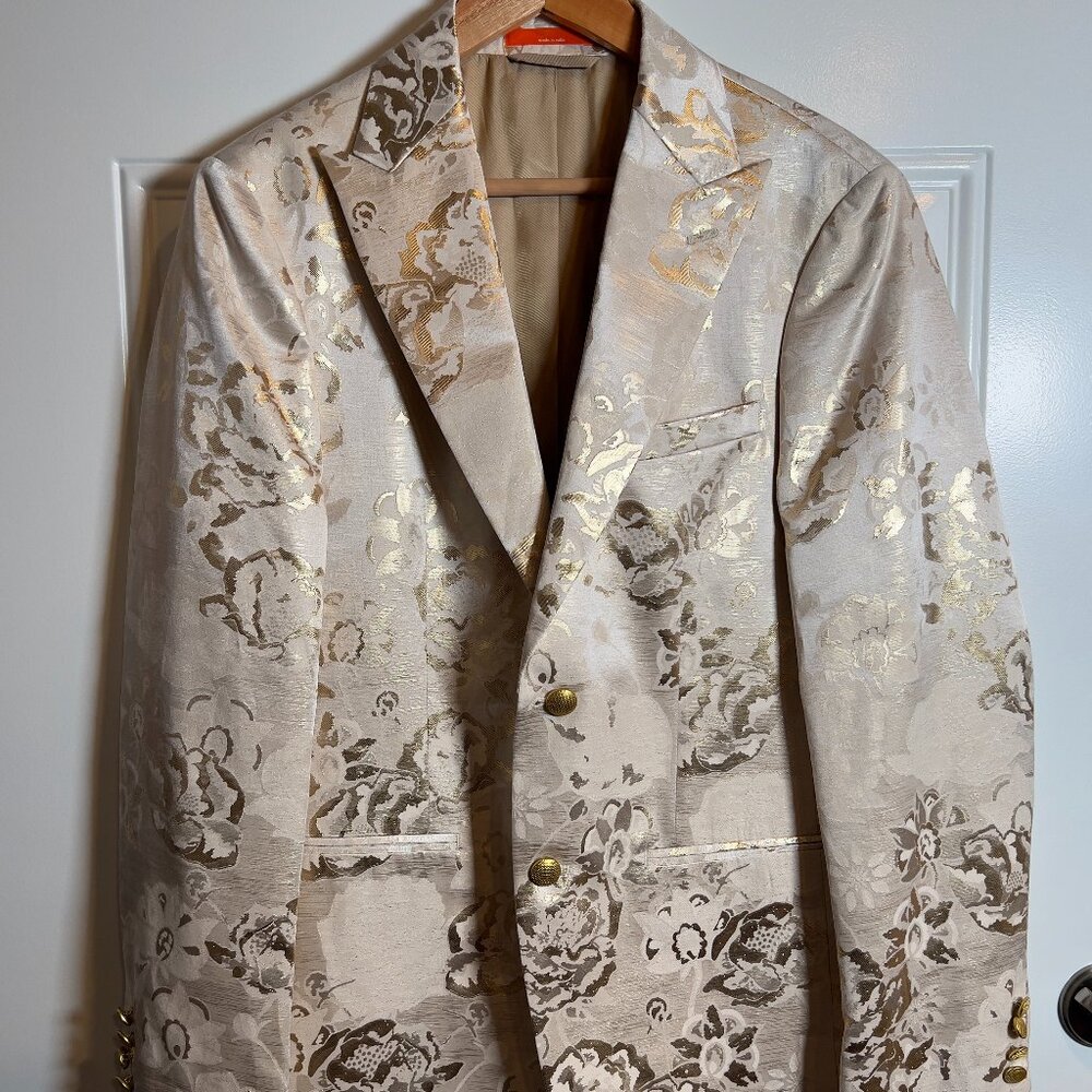 Tallia Cream and Gold Metallic Brocade Dinner Jacket Men's Small